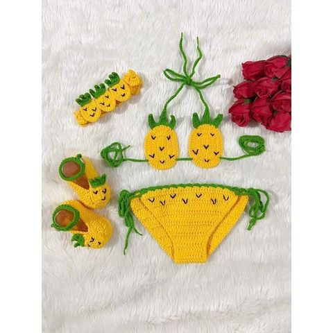 Bikini Đi Biển Handmade Cho Bé - Mẫu Hoa Quả Dễ Thương, Đồ Bơi Chất Liệu Len Milk Cotton, Không Kèm Phụ Kiện