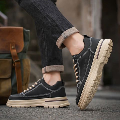 Giày Sneaker Nam Da PU - Thời Trang Trẻ Trung 2 Màu Kem Đen, Dễ Phối Đồ, Phong Cách Năng Động, Chất Liệu Bền Đẹp