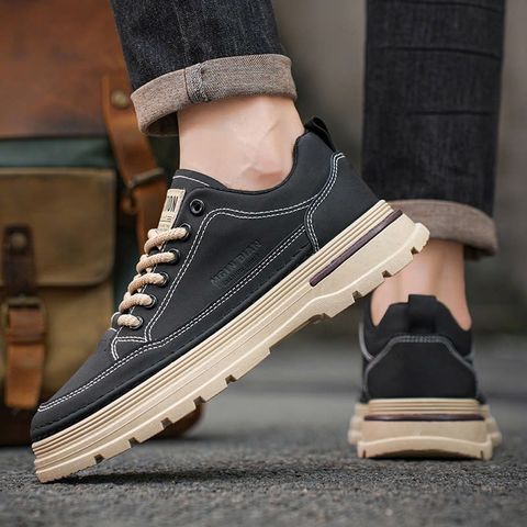 Giày sneaker nam da PU 2 màu đen và kem, phong cách trẻ trung, thời trang dễ phối đồ - Mẫu mã 08 cho nam giới