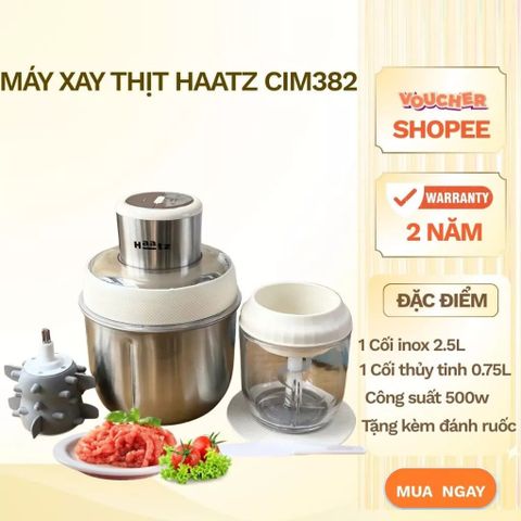 Máy Xay Thịt Đa Năng Haatz HMG168 - Cối Inox 2.5L & Cối Thủy Tinh 0.6L Kèm Bộ Đánh Ruốc - Thiết Kế Thông Minh, An Toàn