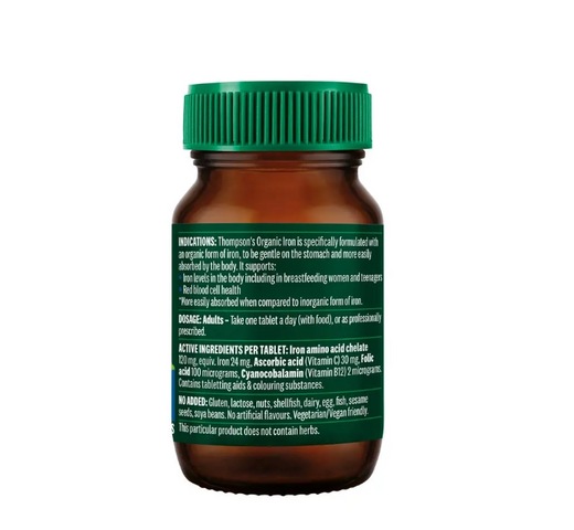 Viên Sắt Hữu Cơ Thompson's Organic Iron 24mg - Hỗ Trợ Tạo Hồng Cầu, Giảm Mệt Mỏi, Lọ 30 Viên - Thương Hiệu Úc