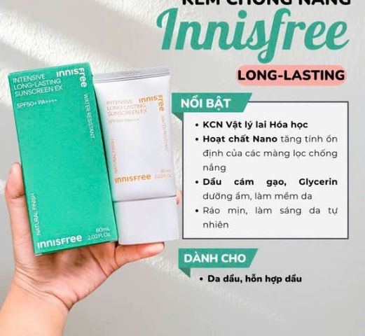 Kem Chống Nắng Innisfree Intensive Long-Lasting EX SPF50+ PA++++ 60ml - Bảo Vệ Da Dầu và Da Hỗn Hợp, Chống UV Hiệu Quả