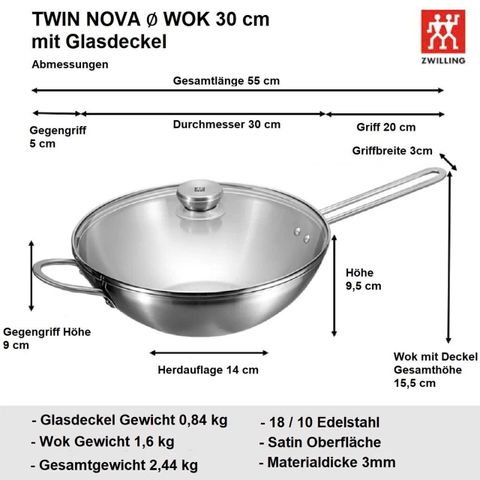 Chảo Zwilling Nova Wok 30 cm - Chảo Bếp Từ Kèm Vung Kính, Chất Liệu Thép Không Gỉ Chịu Nhiệt Cao, Dùng Cho Mọi Loại Bếp
