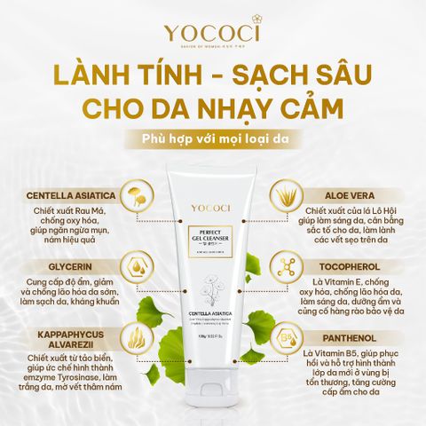 Sữa Rửa Mặt Gel Yococi Perfect 100g - Làm Sạch Dịu Nhẹ, Ngừa Mụn Cho Da Dầu, Nhạy Cảm, Giữ Ẩm Tự Nhiên, Hỗ Trợ Làm Dịu Da