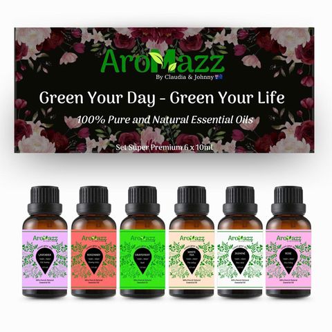 Set Tinh Dầu Thiên Nhiên AroMazz 100% Nguyên Chất Nhập Khẩu Ấn Độ - Bộ 6 Mùi Cao Cấp: Gỗ Đàn Hương, Ngọc Lan Tây, Sả Chanh và Hương Thơm Giúp Thư Giãn