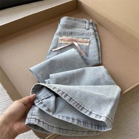 Quần Jean Ống Loe Thêu Nơ Xinh Xắn - Phong Cách Hàn Quốc, Đường Kính 98-102cm, Màu Xanh Ngọc, Size M