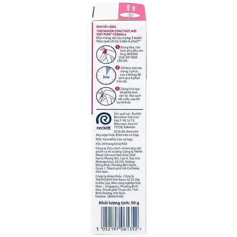 Kem Tẩy Lông Veet Pure Dành Cho Da Thường 50g - Hiệu Quả 3-6 Phút, Dưỡng Ẩm Bơ Hạt Mỡ, Tặng Que Tẩy Lông
