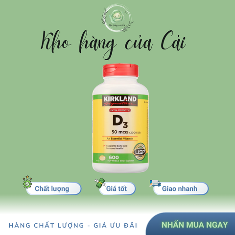 Viên Uống Vitamin D3 Kirkland Extra Strength 50mcg 2000IU - Hỗ Trợ Xương Khỏe, Tăng Cường Miễn Dịch - Lọ 600 Viên Mỹ