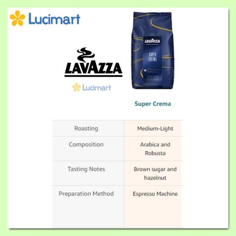 Cà phê Ý Lavazza Super Crema nguyên hạt Whole Bean gói 1kg [Hàng Mỹ]