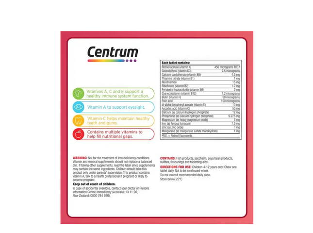 Viên Nhai Vitamin Tổng Hợp Centrum Kids Strawberry 60 Viên - Bổ Sung Dinh Dưỡng Cho Bé, Hương Dâu Ngon Miệng