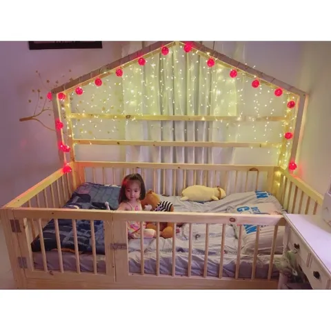 Giường cũi gỗ tự nhiên cao cấp cho trẻ em - Giường công chúa ngôi nhà miễn phí giao lắp tại HCM, kích thước 1.2x2m