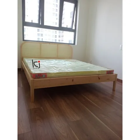 Giường Ngủ Mây Mắt Cáo Rustic Indochine - Chất Liệu Gỗ Thông Tự Nhiên, Kích Thước Đẹp, Freeship HCM