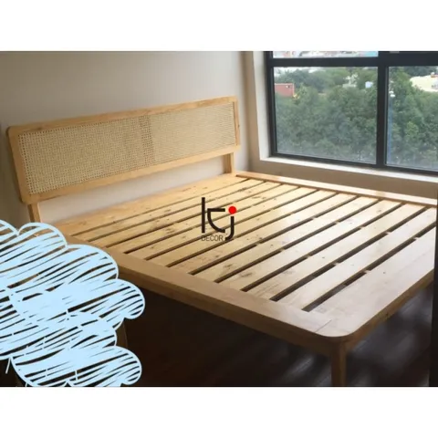 Giường Ngủ Mây Mắt Cáo Rustic Indochine - Chất Liệu Gỗ Thông Tự Nhiên, Kích Thước Đẹp, Freeship HCM