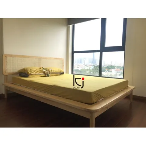 Giường Ngủ Mây Mắt Cáo Rustic Indochine - Chất Liệu Gỗ Thông Tự Nhiên, Kích Thước Đẹp, Freeship HCM