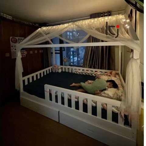 Giường Ngôi Nhà Cho Bé - Giường Ngủ 1.2x2m, Gỗ Thông Chắc Chắn, Nôi Cũi An Toàn Cho Bé Trai, Bé Gái, Có Tủ Kéo Nội Thất Tiện Lợi