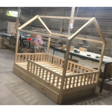 Giường Ngôi Nhà Cho Bé - Giường Ngủ 1.2x2m, Gỗ Thông Chắc Chắn, Nôi Cũi An Toàn Cho Bé Trai, Bé Gái, Có Tủ Kéo Nội Thất Tiện Lợi