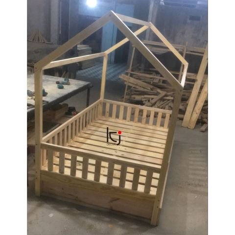 Giường Ngôi Nhà Cho Bé - Giường Ngủ 1.2x2m, Gỗ Thông Chắc Chắn, Nôi Cũi An Toàn Cho Bé Trai, Bé Gái, Có Tủ Kéo Nội Thất Tiện Lợi