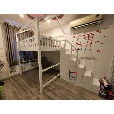 Giường Tầng Gỗ Thông Tự Nhiên Trắng - Kích Thước 1.6x2m, Cao 2.85m, Miễn Phí Vận Chuyển Lắp Đặt Tại HCM