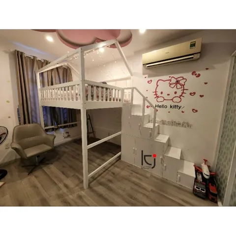 Giường Tầng Gỗ Thông Tự Nhiên Trắng - Kích Thước 1.6x2m, Cao 2.85m, Miễn Phí Vận Chuyển Lắp Đặt Tại HCM