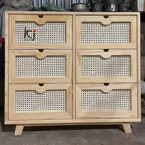 Tủ Mây Vintage 6 Ngăn Kéo Ki Décor - Tủ Đồ Gỗ Thông Chất Lượng Cao, Phong Cách Cổ Điển 100x35x80cm