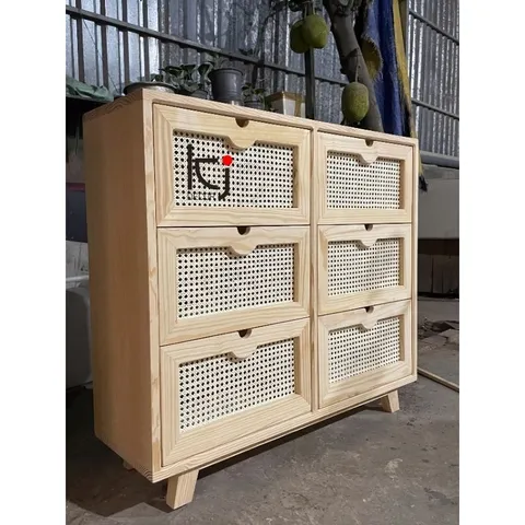 Tủ Mây Vintage 6 Ngăn Kéo Ki Décor - Tủ Đồ Gỗ Thông Chất Lượng Cao, Phong Cách Cổ Điển 100x35x80cm