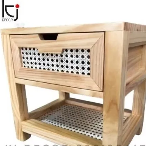 Kệ Tủ Đầu Giường Mây Đan Mắt Cáo Ki Décor - Gỗ Thông Tự Nhiên Nhập Khẩu 45x35x52 cm, Ngăn Kéo Tiện Lợi