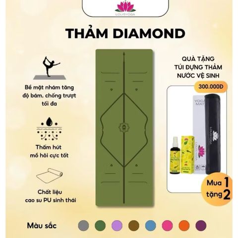 Thảm Tập Yoga Cao Su LOUIS DIAMOND 183x68x0.5cm - Chống Thấm, Đường Khắc Tiện Dụng, Tặng Kèm Túi Đựng Chất Lượng Cao