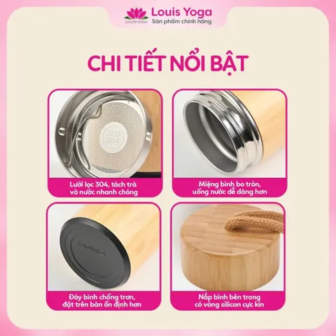 Bình Nước Giữ Nhiệt 450ml Louis Yoga - Vỏ Tre Sang Trọng, Inox 304 An Toàn, Giữ Nhiệt Lâu, Tiện Lợi Mọi Nơi