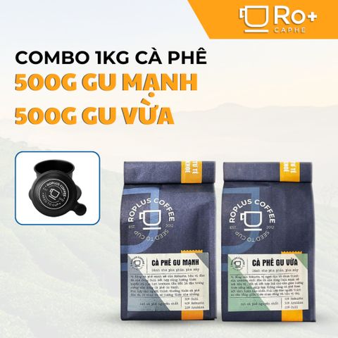 Combo Roplus Coffee 0.5kg Gu Vừa & 0.5kg Gu Mạnh kèm 1 phin nhôm Anode - Cà phê rang xay hương thơm quyến rũ, dễ pha phin và máy.
