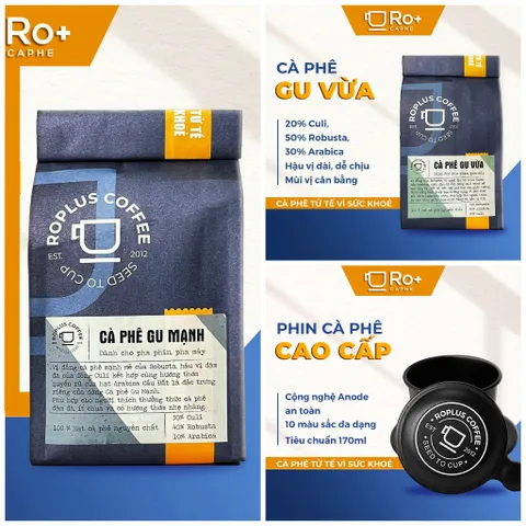 Combo Roplus Coffee 0.5kg Gu Vừa & 0.5kg Gu Mạnh kèm 1 phin nhôm Anode - Cà phê rang xay hương thơm quyến rũ, dễ pha phin và máy.