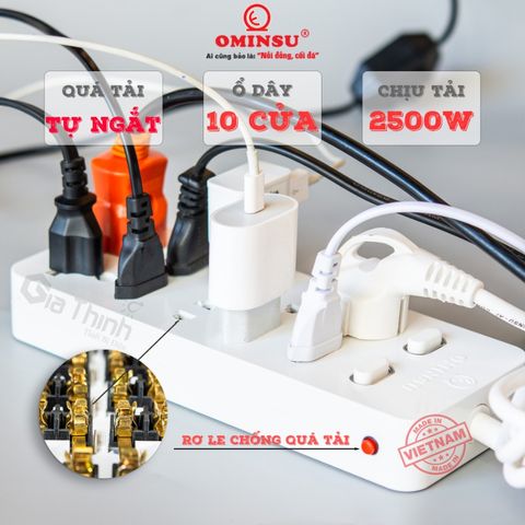 Ổ Cắm Điện 10 Lỗ OMINSU 10ST - 2500W, Chống Quá Tải, Lõi Đồng, Vỏ Nhựa Chống Cháy, Dài 2.5m và 4.5m, Phù Hợp Tất Cả Thiết Bị Điện