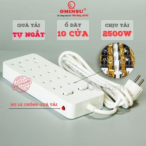 Ổ Cắm Điện 10 Lỗ OMINSU 10ST - 2500W, Chống Quá Tải, Lõi Đồng, Vỏ Nhựa Chống Cháy, Dài 2.5m và 4.5m, Phù Hợp Tất Cả Thiết Bị Điện