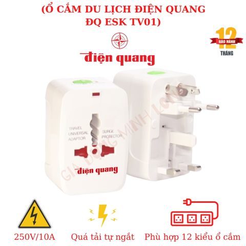 Ổ Cắm Du Lịch Điện Quang ĐQ ESK TV01 Chính Hãng - Ổ Điện Thông Minh An Toàn, Phù Hợp Nhiều Chân Cắm, Chống Quá Tải