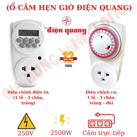 Ổ Cắm Hẹn Giờ Điện Quang ĐQ ESK MT03 WR13 - Điều Chỉnh Cơ, 1 Lỗ 3 Chấu, Trắng-Đỏ, Tiện Ích Cho Gia Đình, Bảo Hành 12 Tháng