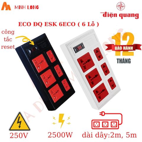 Ổ Cắm 6 Lỗ Đa Năng Điện Quang ECO ĐQ ESK 6ECO - Chịu Tải 2500W, Dây 2 Mét, An Toàn Với Tính Năng Ngắt Điện Khẩn Cấp