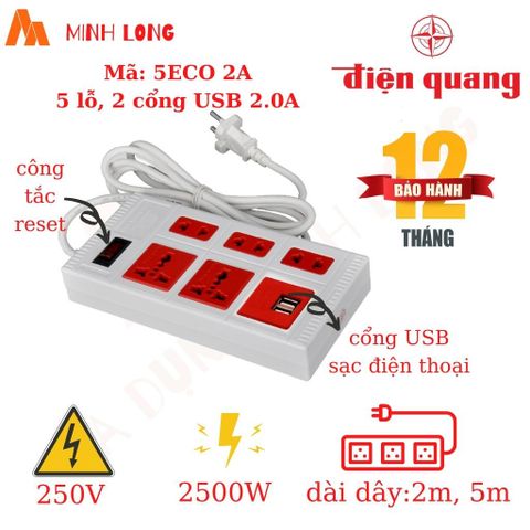 Ổ Cắm USB Điện Quang 5ECO 2A - Thiết Kế 5 Lỗ, 2 Cổng Sạc USB 2.0A, Bảo Hành 12 Tháng, Giao Hỏa Tốc TPHCM
