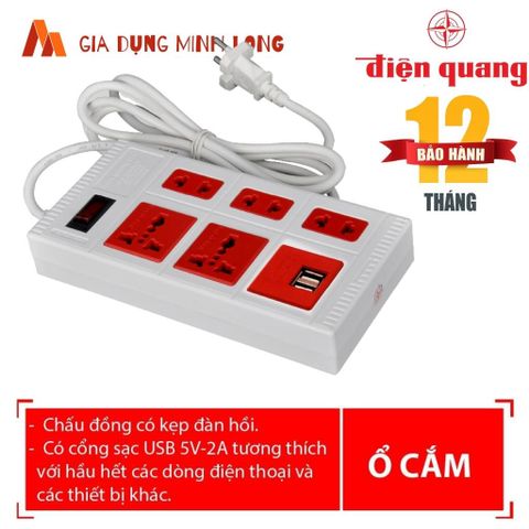 Ổ Cắm USB Điện Quang 5ECO 2A - Thiết Kế 5 Lỗ, 2 Cổng Sạc USB 2.0A, Bảo Hành 12 Tháng, Giao Hỏa Tốc TPHCM
