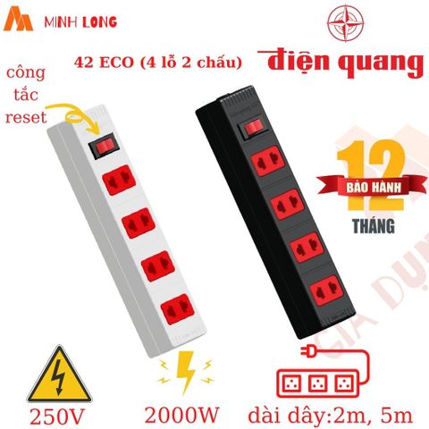 Ổ Cắm Điện Quang 3/4/6 Lỗ ECO ĐQ ESK 32-42-62 - Dây Liền 2/5 Mét, Chịu Tải 2000W, Nhựa ABS Chịu Nhiệt, Đèn Hiển Thị Nguồn