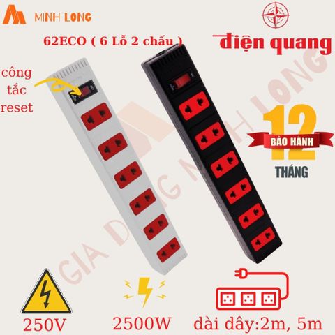 Ổ Cắm Điện Quang 3/4/6 Lỗ ECO ĐQ ESK 32-42-62 - Dây Liền 2/5 Mét, Chịu Tải 2000W, Nhựa ABS Chịu Nhiệt, Đèn Hiển Thị Nguồn