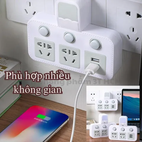 Ổ Cắm Chia Điện Đa Năng Thông Minh 2500W Có Đèn Ngủ & Công Tắc Riêng Từng Ổ - Ổ Điện USB Sạc 2-3-4 Chân Dùng Tại Nhà
