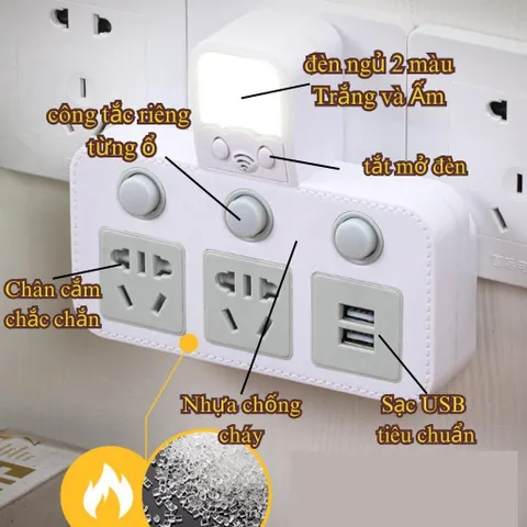 Ổ Cắm Chia Điện Đa Năng Thông Minh 2500W Có Đèn Ngủ & Công Tắc Riêng Từng Ổ - Ổ Điện USB Sạc 2-3-4 Chân Dùng Tại Nhà