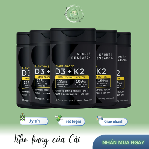 Vitamin D3 + K2 Sports Research 5000IU - Viên Uống Chiết Xuất Thực Vật Tốt Cho Xương Khớp và Tim Mạch - Mỹ 