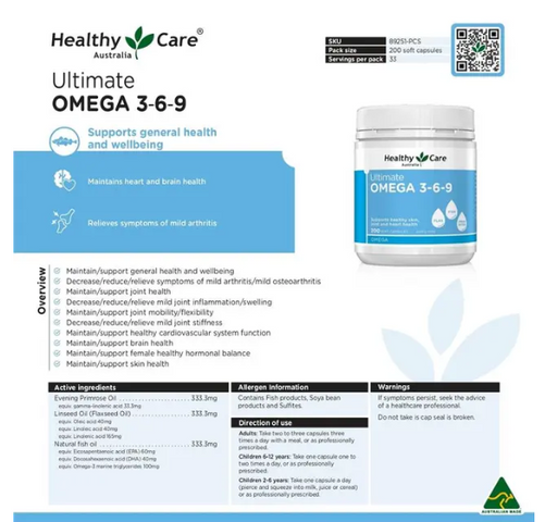 Viên Uống Omega 3-6-9 Healthy Care 200 Viên - Hỗ Trợ Sức Khỏe Tim Mạch, Mắt Sáng, Duy Trì Cholesterol - Sản Phẩm Úc Chất Lượng