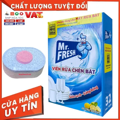 Viên Rửa Chén Bát Mr.Fresh Hương Chanh 32 Viên - Giúp Tẩy Trang Sạch Bóng Hiệu Quả, Bảo Vệ Thủy Tinh, Phù Hợp Với Máy Rửa Chén
