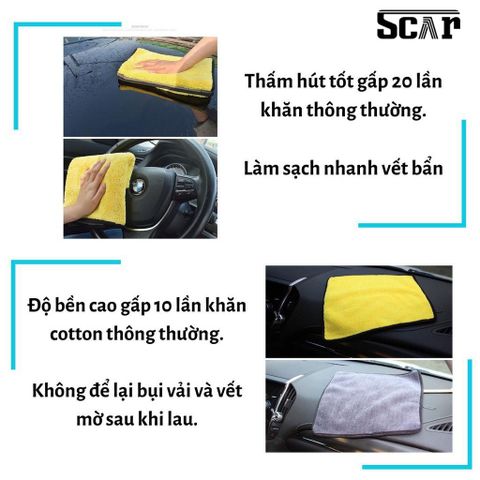 Khăn Lau Ô Tô 2 Lớp Chuyên Dụng Scar - Siêu Thấm Hút, Không Gây Xước, Màu Vàng Xám, Kích Thước 30x30cm, Tiện Lợi Dùng Mọi Nơi