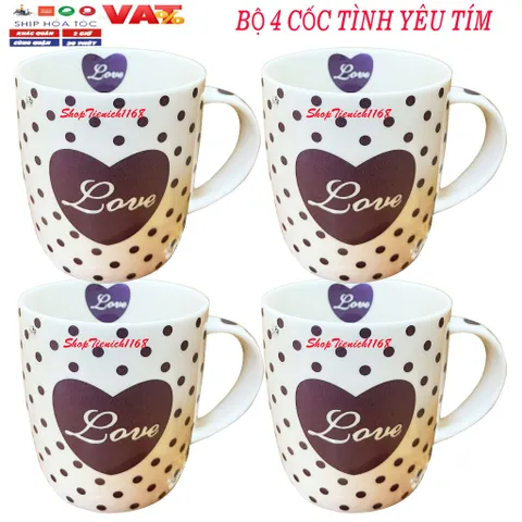 Cốc Sứ Uống Nước Love Dễ Thương 300ml - Ly Sứ Trang Trí Trà Cà Phê Màu Tím, Quà Tặng Ý Nghĩa Cho Mọi Dịp
