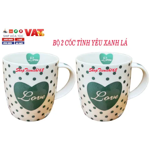 Cốc Sứ Uống Nước Love Dễ Thương 300ml Xanh Lá - Ly Cà Phê, Trà, Quà Tặng Trang Trí Độc Đáo