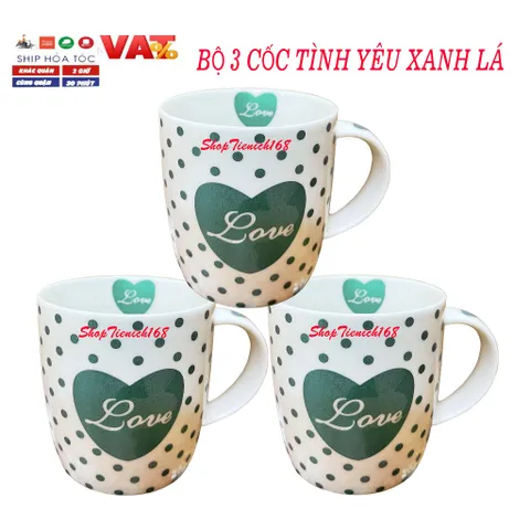 Cốc Sứ Uống Nước Love Dễ Thương 300ml Xanh Lá - Ly Cà Phê, Trà, Quà Tặng Trang Trí Độc Đáo