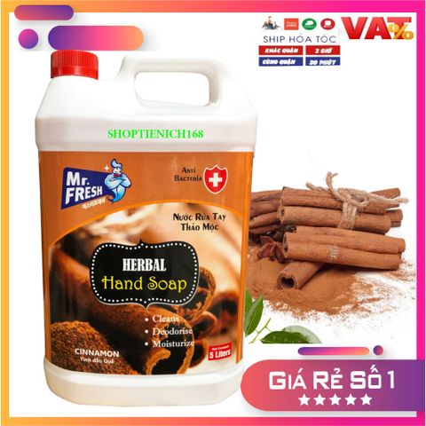 Nước Rửa Tay Khử Mùi Premium Hand Soap Mr Fresh 5L - Hương Quế, Làm Sạch, Kháng Khuẩn, Dưỡng Ẩm Cho Da Mềm Mại
