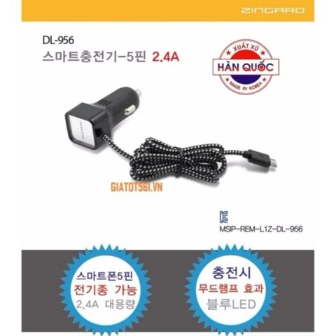 Sạc Nhanh Xe Hơi Android 2.4A Zingaro Korea DL-956 (Đen) - Sạc Pin Nhanh Gấp 2 Lần Cho Điện Thoại, Dây Cáp Dù Bền Bỉ